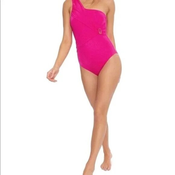 Trina Turk Monaco Asymmetrical One-Shoulder Pink Ruched Swimsuit Size 4 - Picture 4 of 8